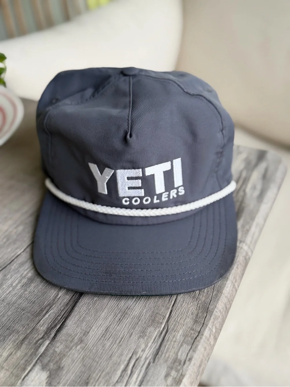 Yeti Coolers Cap Hat with White Rope Trim Snap Back Gray White Rope Embroidered